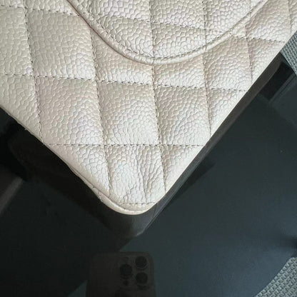 Caviar Double Flap Quilted Grained Calfskin Beige Golden Hardware Series 15