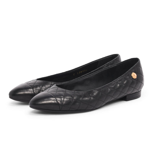 Chanel Black Quilted Camellia Charm Flats 37
