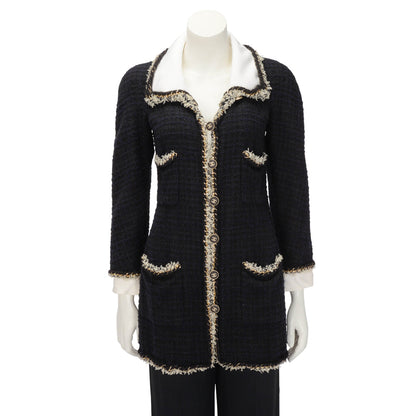 Chanel Black & Navy Boucle Braided Trim Coat FR 36
