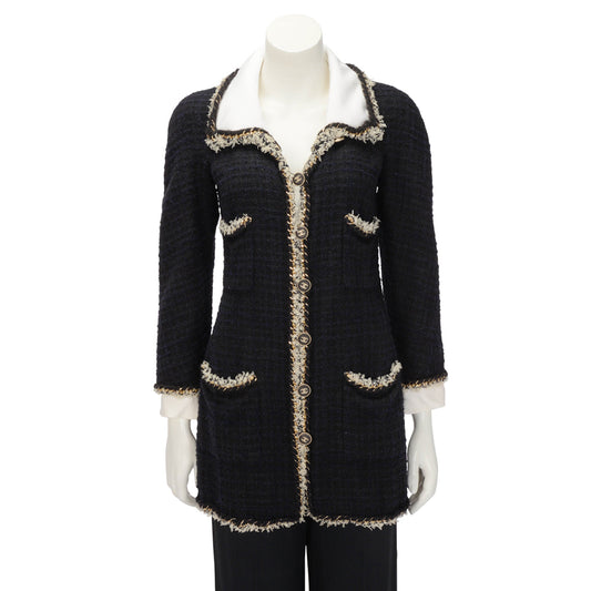 Chanel Black & Navy Boucle Braided Trim Coat FR 36
