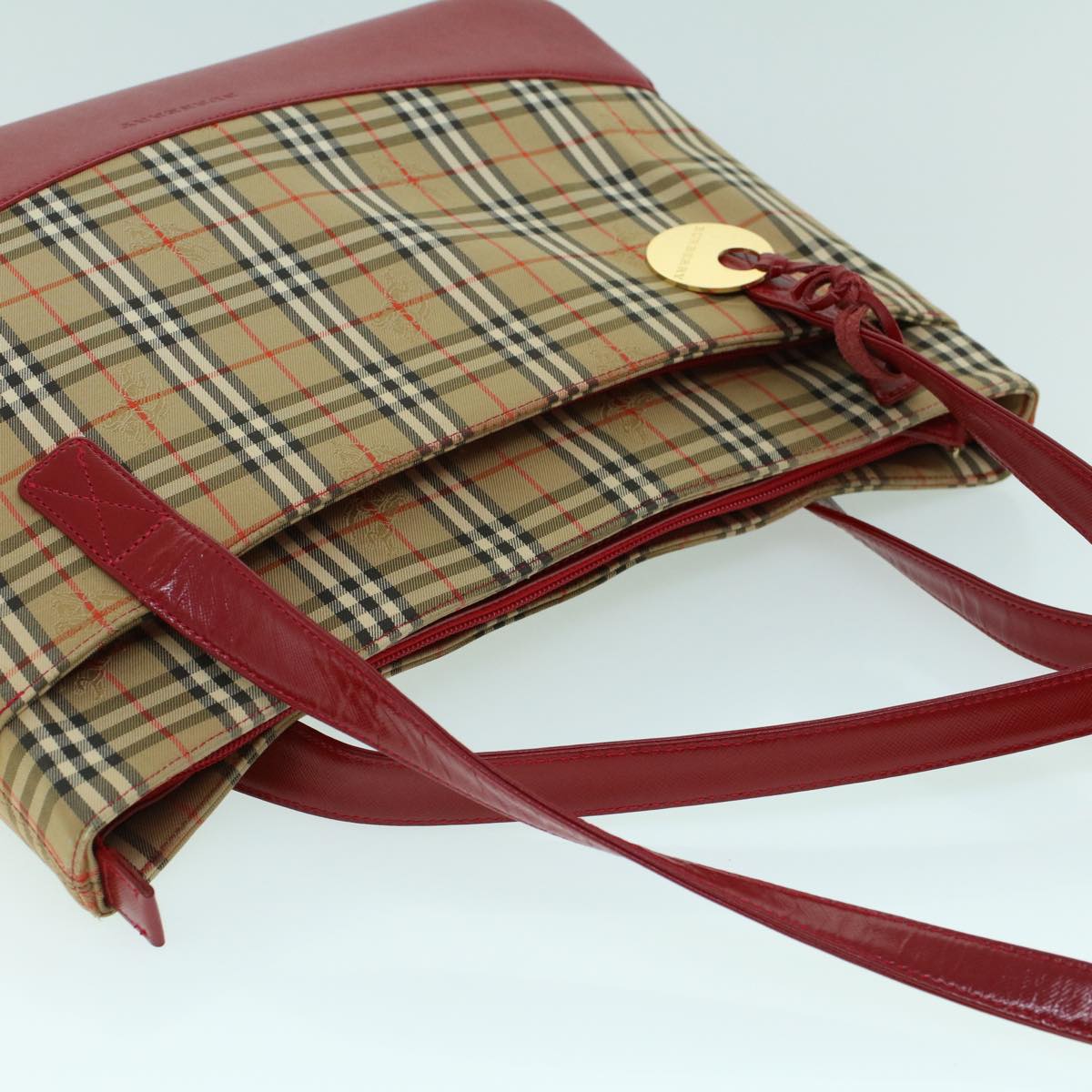 Burberry Nova Check Tote Bag Canvas Leather Beige Red Auth 54024