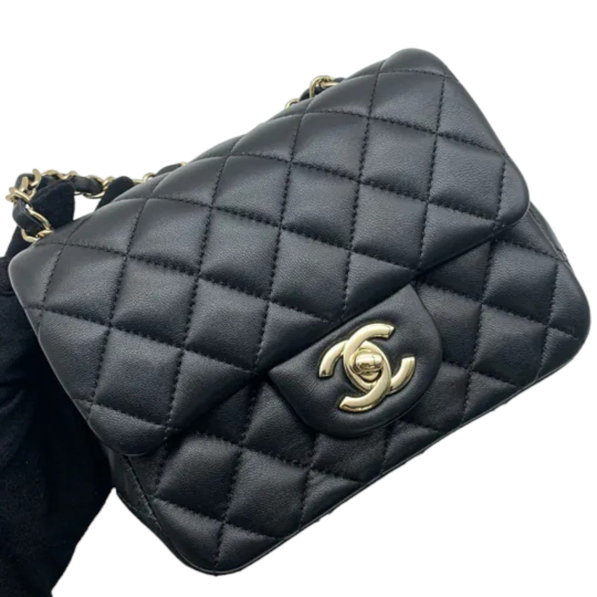 Square Flap Mini Lambskin Quilted Black LGHW