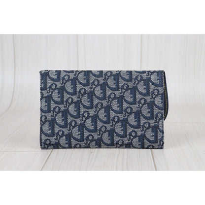 Rank A ｜ Dior Trotter Saddle Tri-fold Long Wallet Jacquard Leather Navy｜23080913