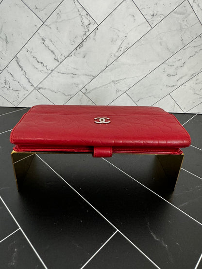 Chanel Red Lambskin Camellia Embossed Long Wallet