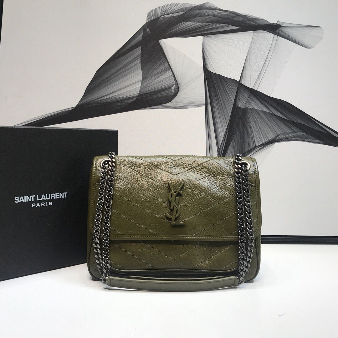 YSSL Niki Medium Chain Bag In Crinkled Vintage Green For Women 11in/28cm YSL 6331581YG041229