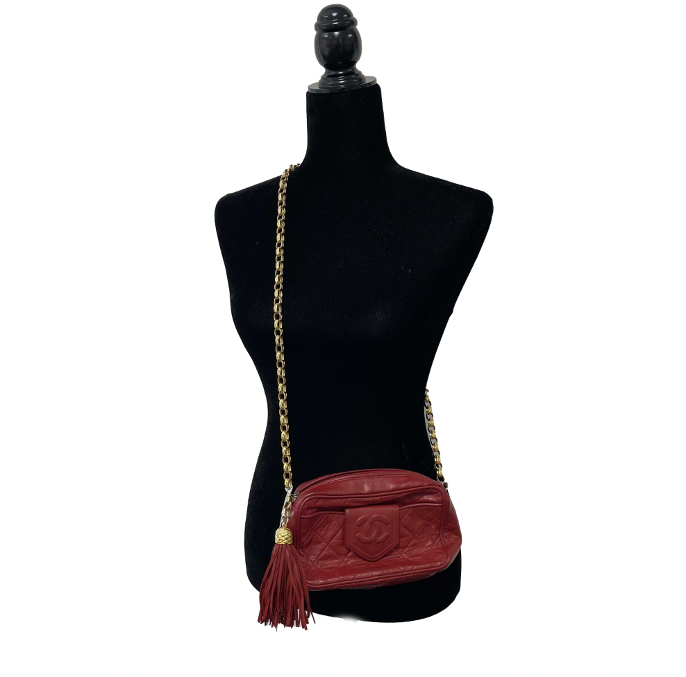 CHANEL Vintage CC Red Lambskin Gold Chain Tassel Camera Bag Crossbody