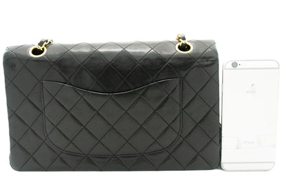 CHANEL Classic Double Flap 10" Chain Shoulder Bag Black Lambskin k46