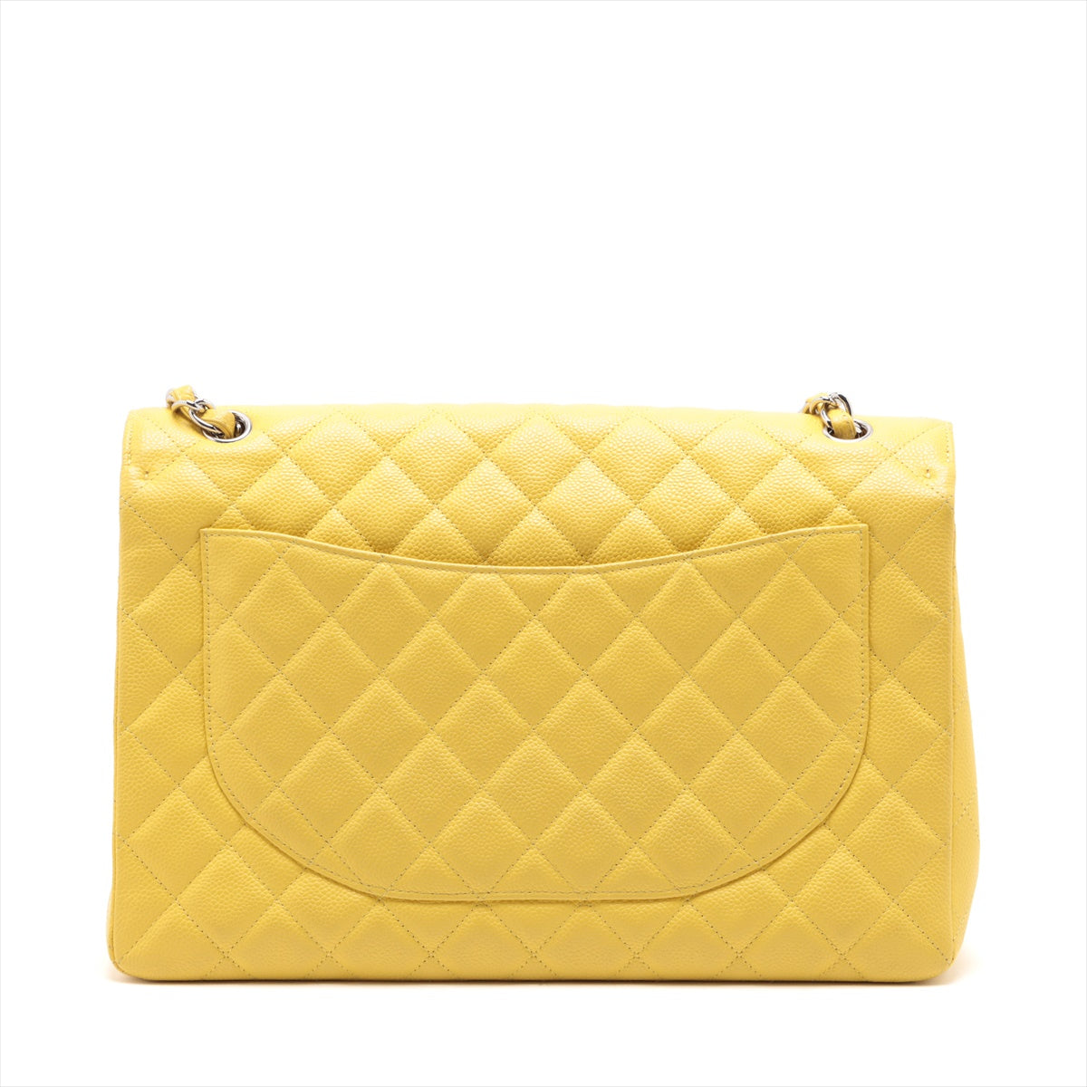 CHANEL DECAMATRASSE 34 MAXI Caviar S Single Flap Double Chain Bag Yellow Silver  13th A58601
