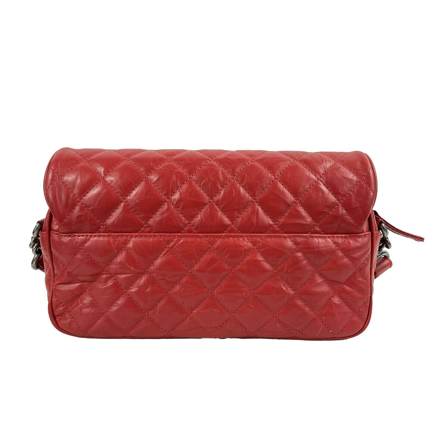 CHANEL Red Crinkled Leather Boy Chain Flap Bag / Silver-Aged - Shoulder Bag