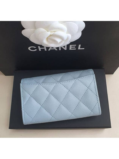 Classic Grained Shiny Calfskin Card Wallet Light Blue Chanel