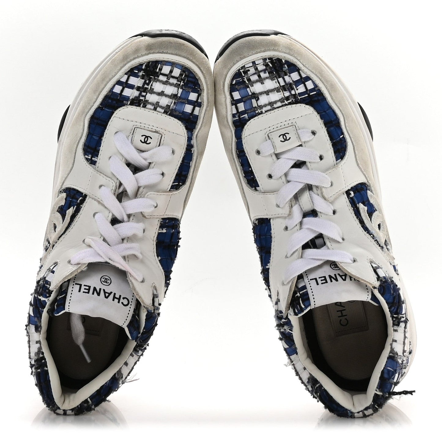 Tweed Suede Calfskin Womens CC Sneakers 39.5 Dark Blue Black Grey White
