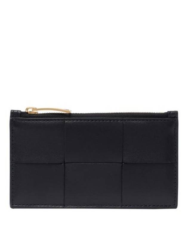 Luxury Bottega Veneta Cassette Intrecciato Zipper Leather Card Wallet Black