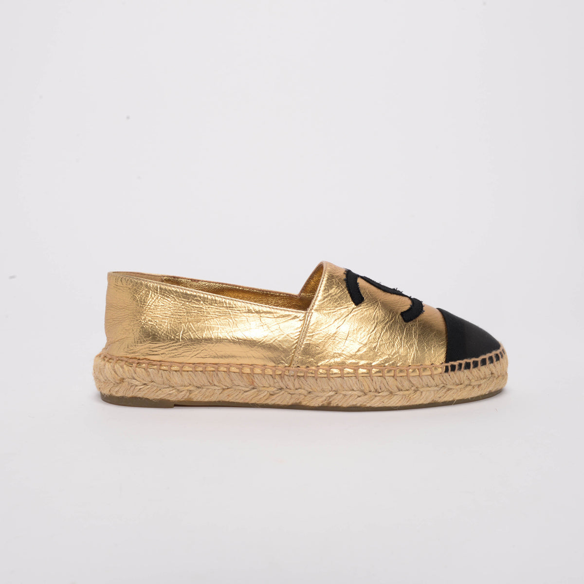 Chanel Gold & Black Lambskin CC Espadrilles 38