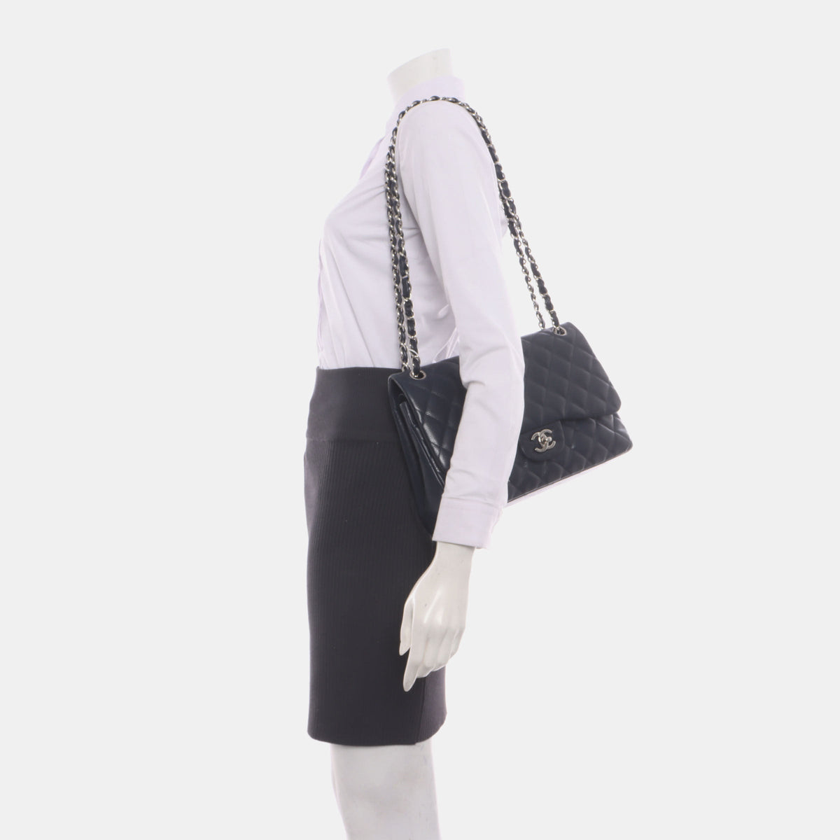 Chanel Classic Flap Jumbo Midnight Navy Caviar Leather Double Flap Silver Hardware