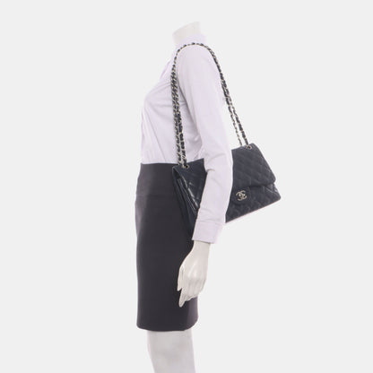 Chanel Classic Flap Jumbo Midnight Navy Caviar Leather Double Flap Silver Hardware