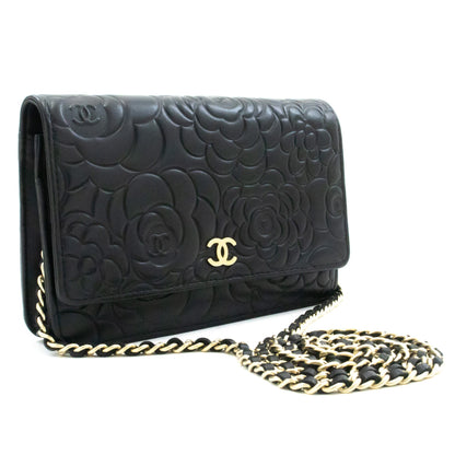 CHANEL Black Camellia Embossed Wallet On Chain WOC Shoulder Bag k53