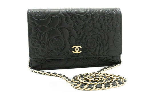 CHANEL Black Camellia Embossed Wallet On Chain WOC Shoulder Bag k53