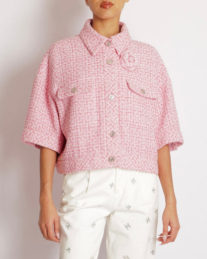 Chanel Pink Tweed Cropped Jacket with Pink Mother of Pearl and Silver CC Logo Buttons and Camellia Pin Size FR 46 (UK 18)