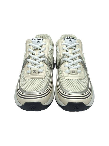 Women CC Logo Fabric Laminated Low Top Sneakers Silver Ivory Chanel