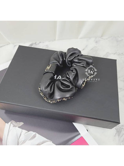 CC Logo Leather Scrunchie Black Chanel