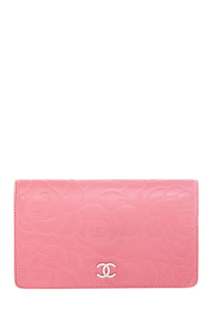 Chanel Pink Leather Camellia Embossed Long Wallet