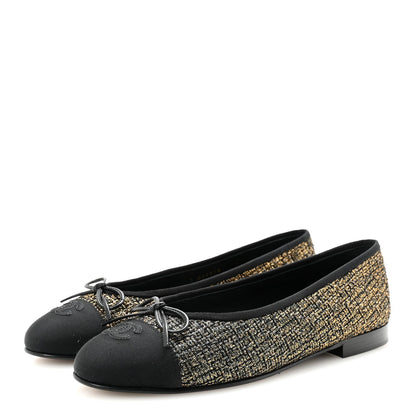 Tweed Grosgrain Cap Toe Ballerina Flats 39 Gold Black