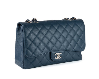 Chanel Navy Blue Caviar Jumbo Classic w/ Silver Hardware