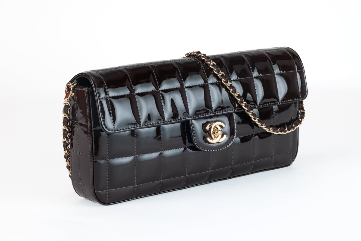Chanel Brown Patent Leather  Chocolate Bar East West Flap Bag with Gold Hardware