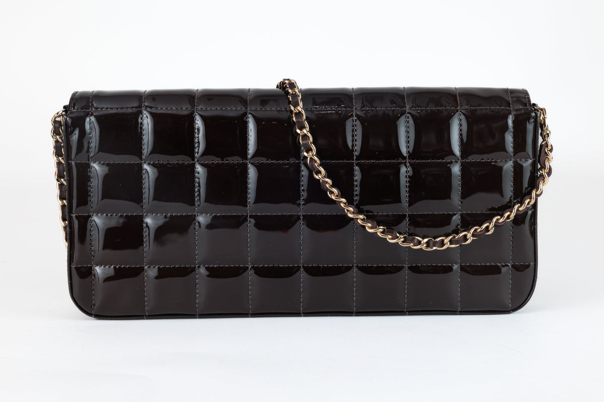 Chanel Brown Patent Leather  Chocolate Bar East West Flap Bag with Gold Hardware