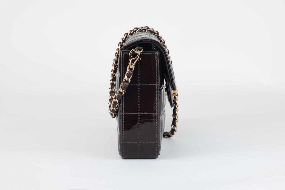 Chanel Brown Patent Leather  Chocolate Bar East West Flap Bag with Gold Hardware