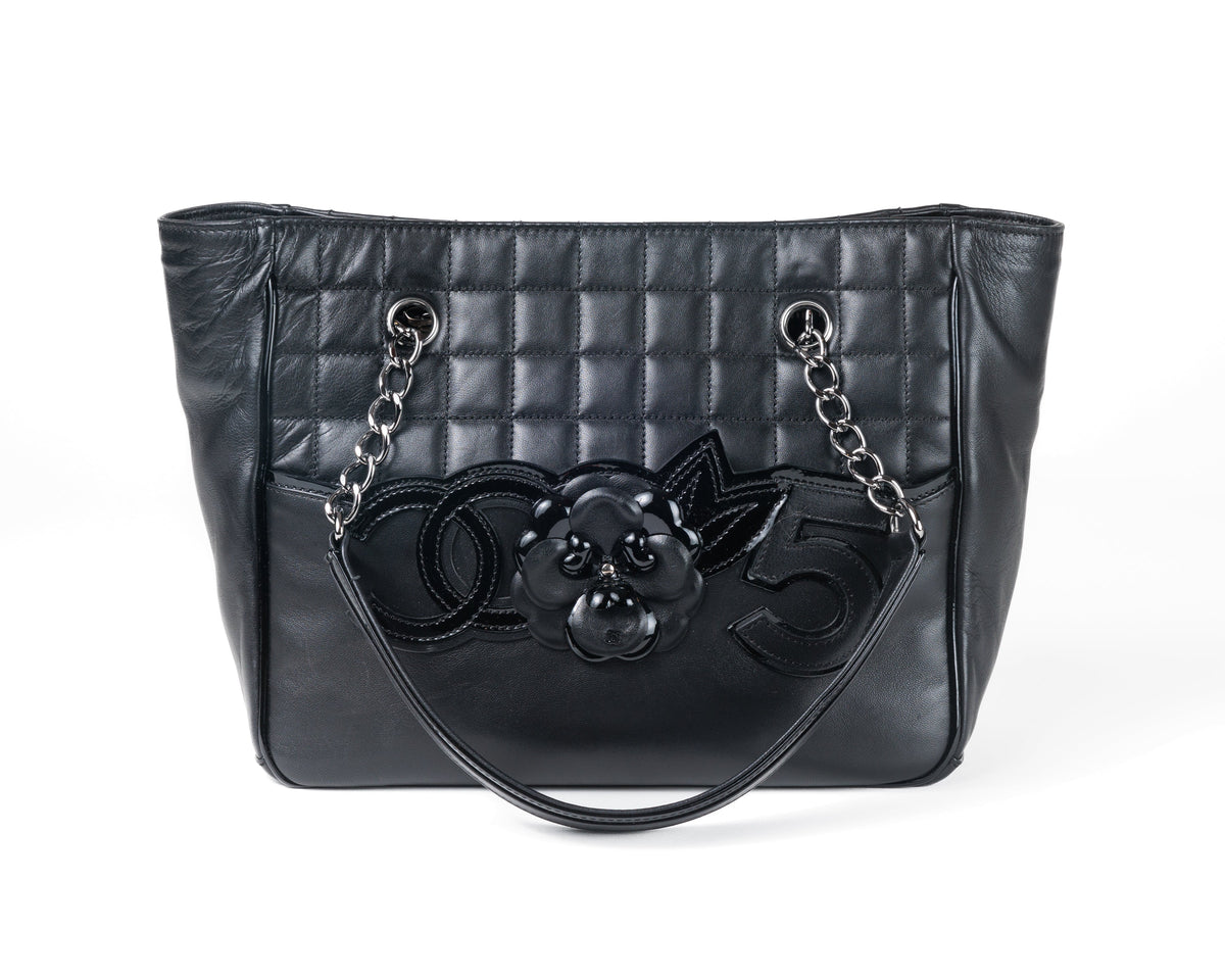 Chanel Black Lambskin Camellia Mini Shopper Tote with Silver Hardware