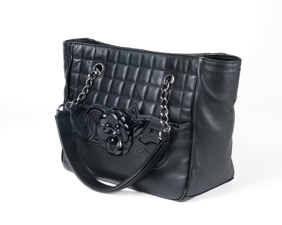 Chanel Black Lambskin Camellia Mini Shopper Tote with Silver Hardware