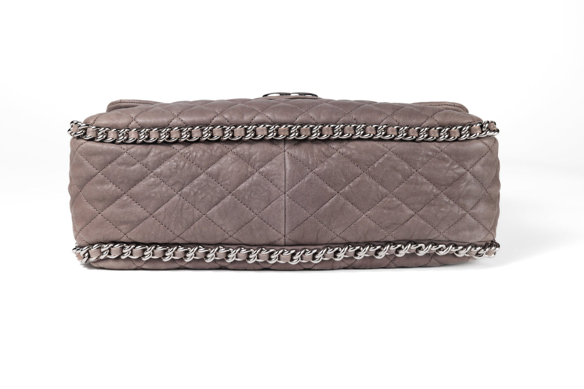Chanel Taupe Gray Washed Lambskin Chain Around Luxe Flap Bag with Silver Hardware