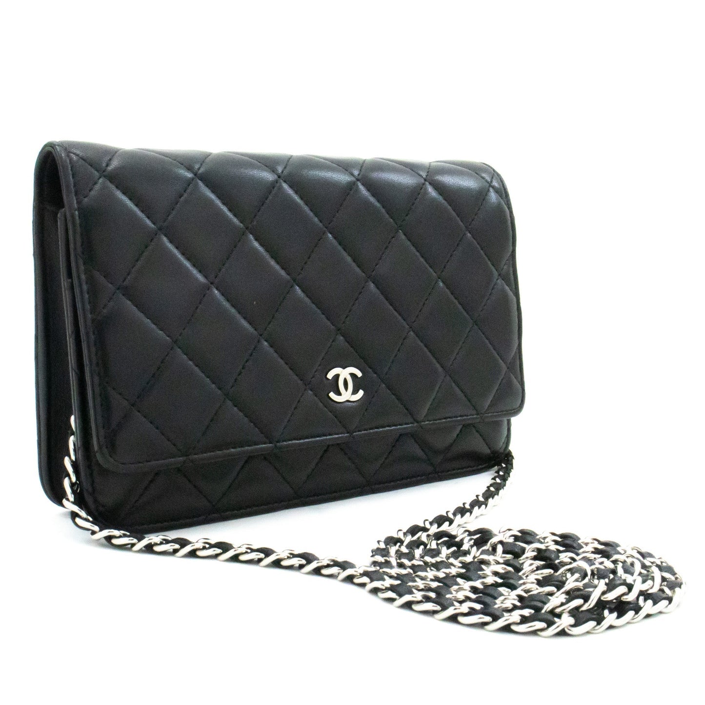 CHANEL Black Classic Wallet On Chain WOC Shoulder Bag Lambskin SV k52