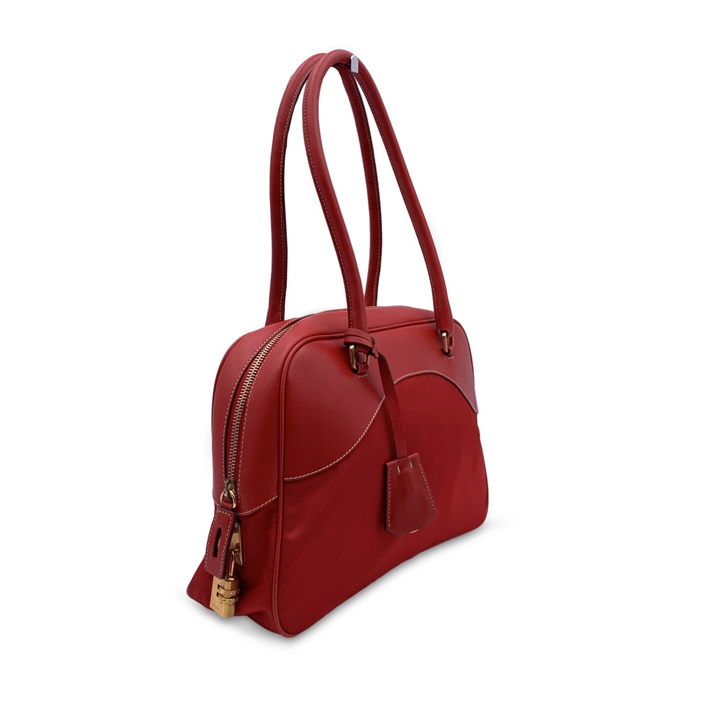 Prada Red Tessuto Travel Canvas And Leather Bowling Bag Bl0081