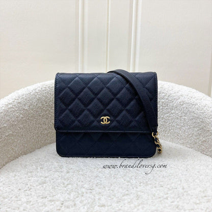 Chanel Square Wallet on Chain WOC in Navy Embossed Calfskin and AGHW (Model: A84310)