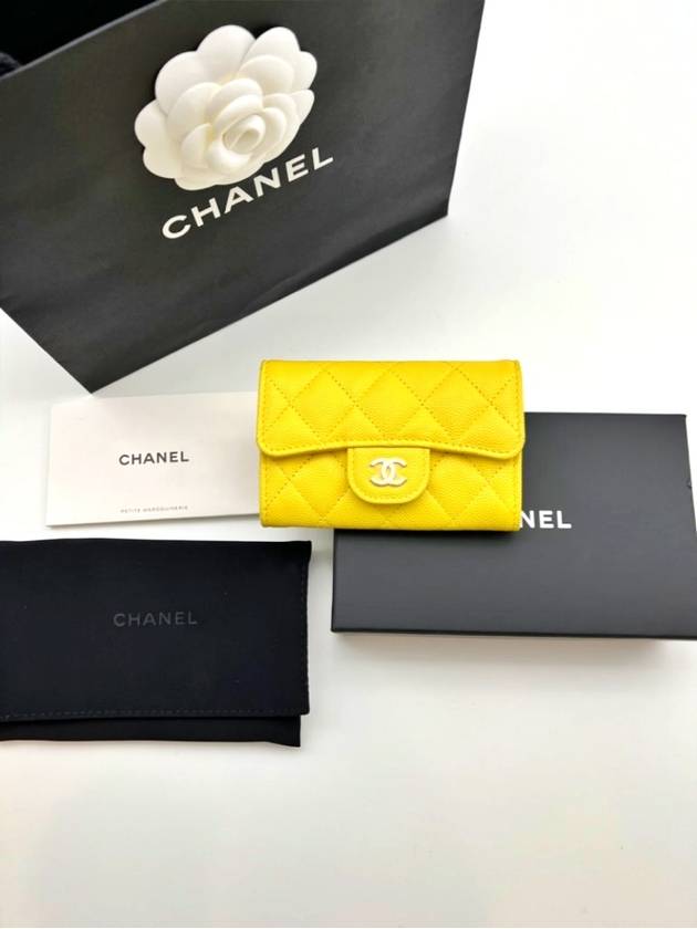 Classic Gold Logo Caviar Card Wallet Yellow Chanel