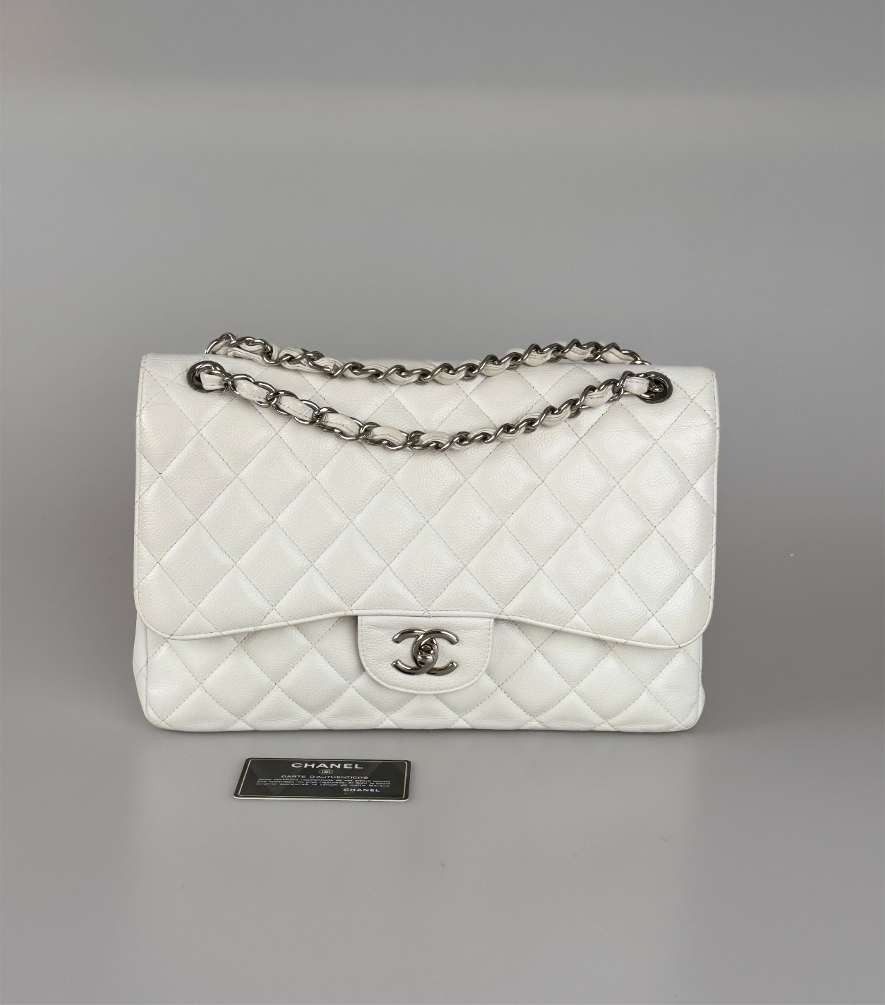 Chanel White Jumbo classic Double Flap Bag In Caviar Leather with silver Hardware