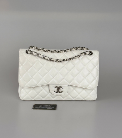 Chanel White Jumbo classic Double Flap Bag In Caviar Leather with silver Hardware