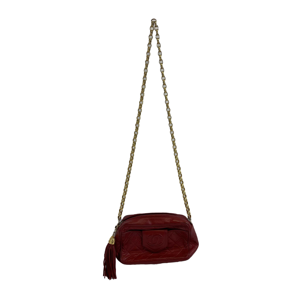 CHANEL Vintage CC Red Lambskin Gold Chain Tassel Camera Bag Crossbody