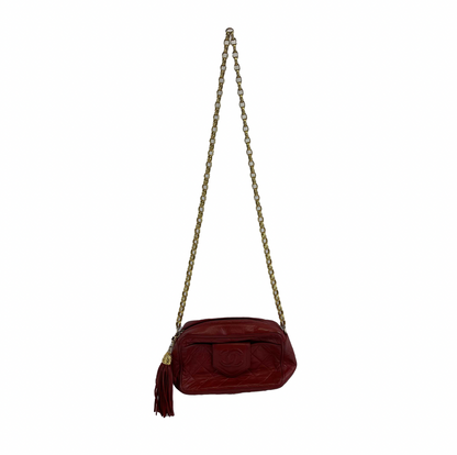 CHANEL Vintage CC Red Lambskin Gold Chain Tassel Camera Bag Crossbody