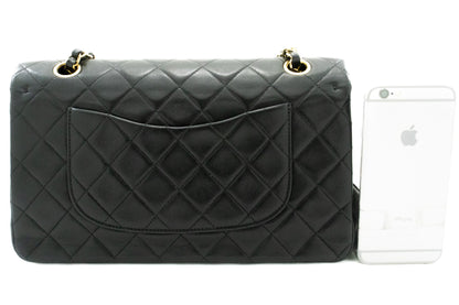 CHANEL Classic Double Flap 10" Chain Shoulder Bag Black Lambskin k63
