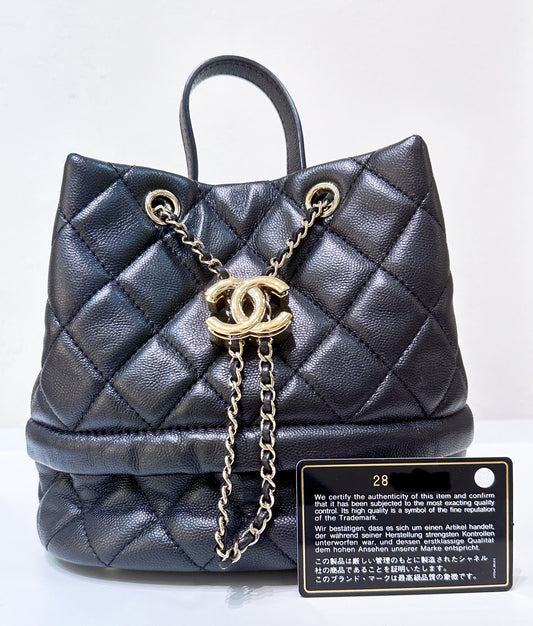 CHANEL Caviar Quilted Rolled Up Bucket Drawstring Bag Black