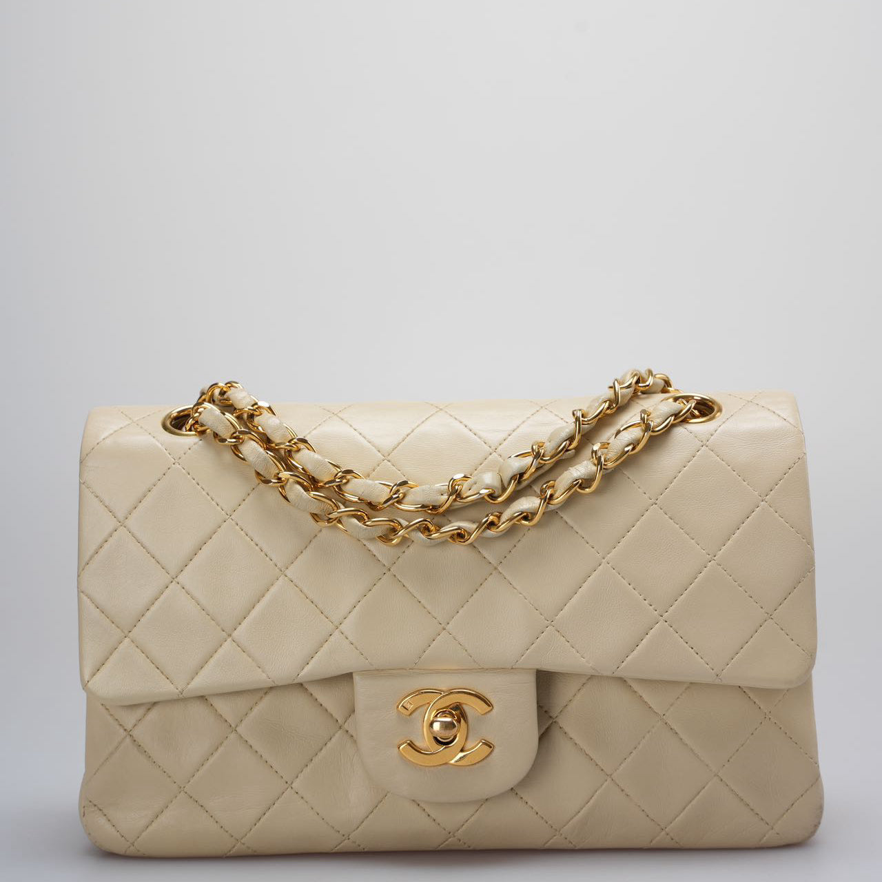 Chanel Vintage Beige Quilted Leather small timeless Double Flap Bag with 24K Gold Hardware