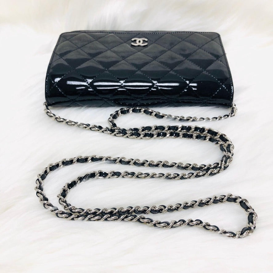 Wallet on Chain WOC with SHW in Black Quilted Patent Leather