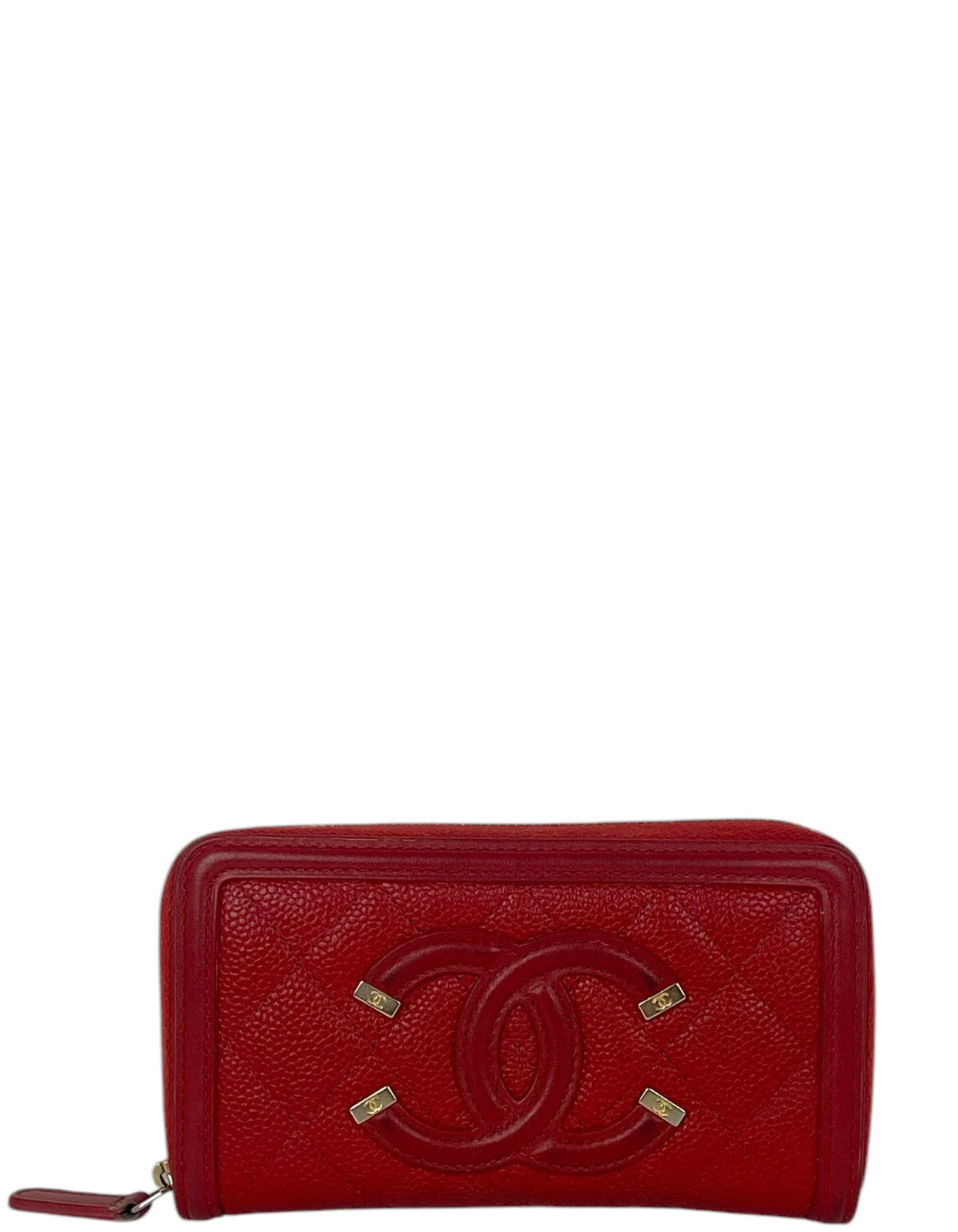 Chanel Caviar Red Filigree Zip Around Wallet