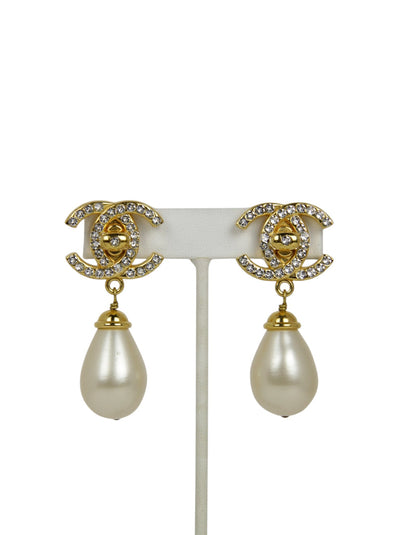 Chanel Vintage Crystal CC & Pearl Hanging Clip Earrings