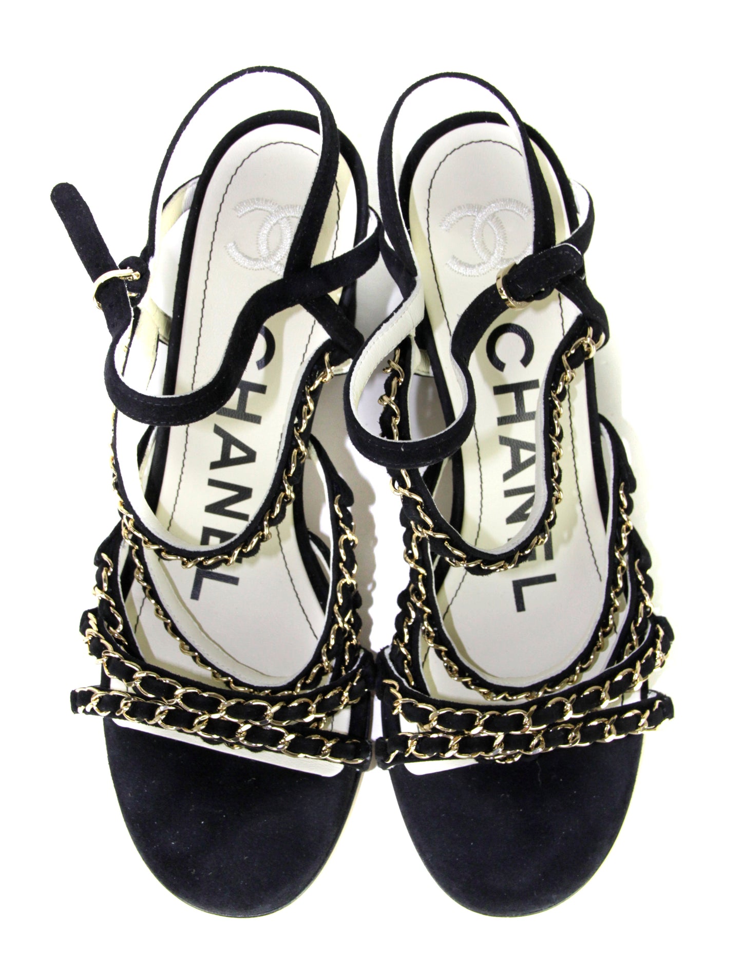 Chanel Black Kid Suede Chain Sandals sz 38.5