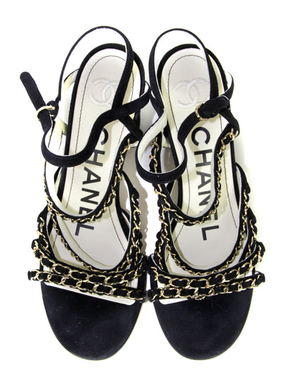 Chanel Black Kid Suede Chain Sandals sz 38.5