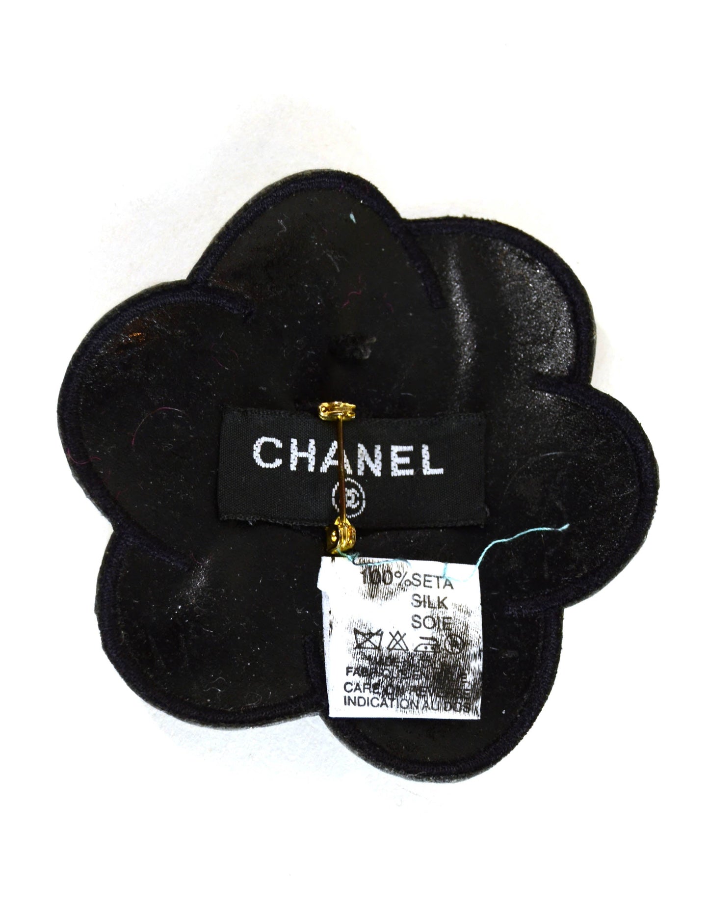 Chanel White/Black Patent Leather CC Camellia Brooch